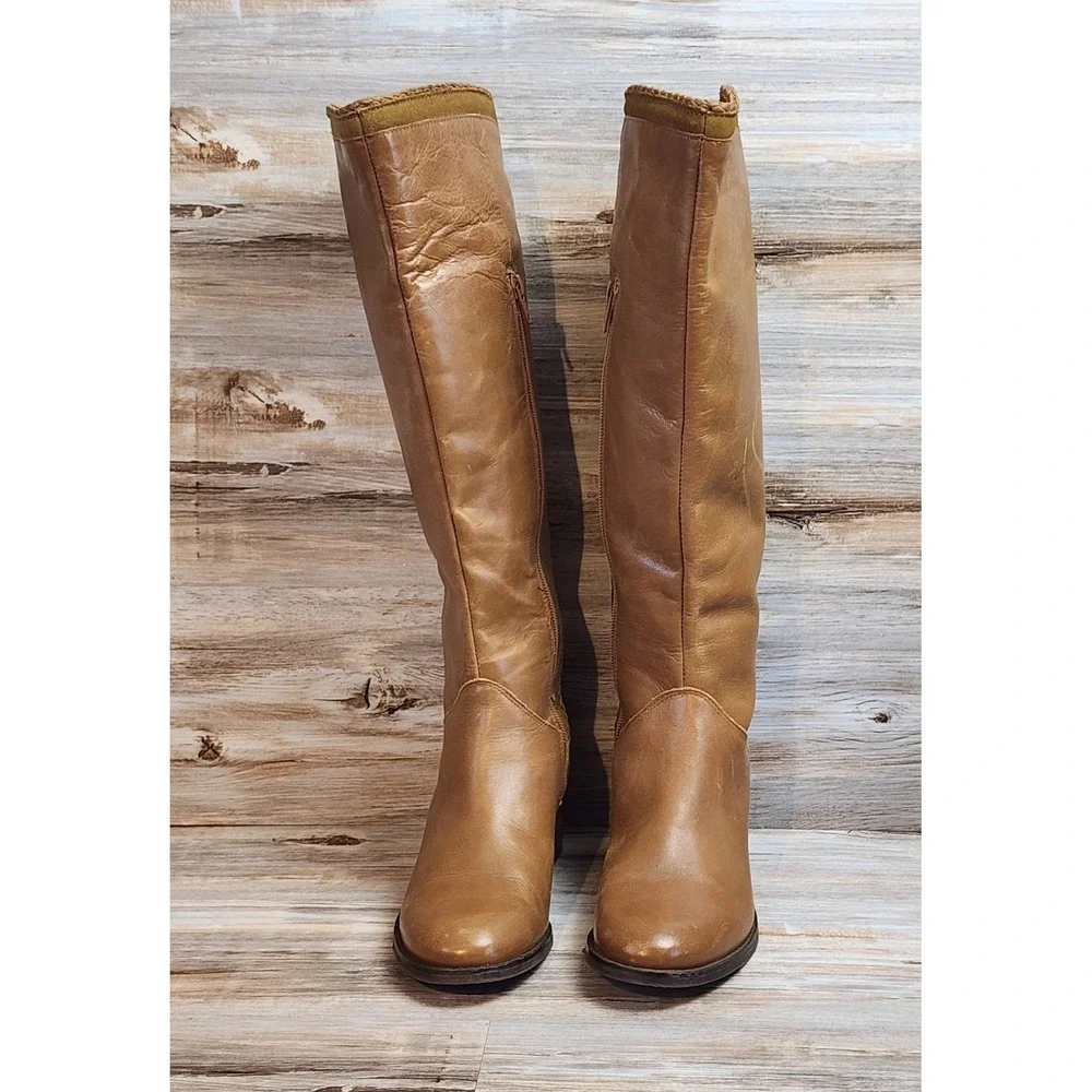 Tan Leather Knee High Equestrian Boots with Braided Trim Size 9